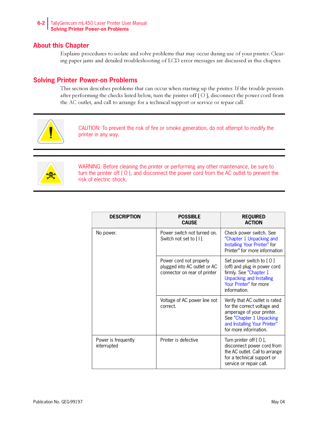 Tally Genicom mL450 user manual Solving Printer Power-on Problems, Description Possible Required Cause Action 