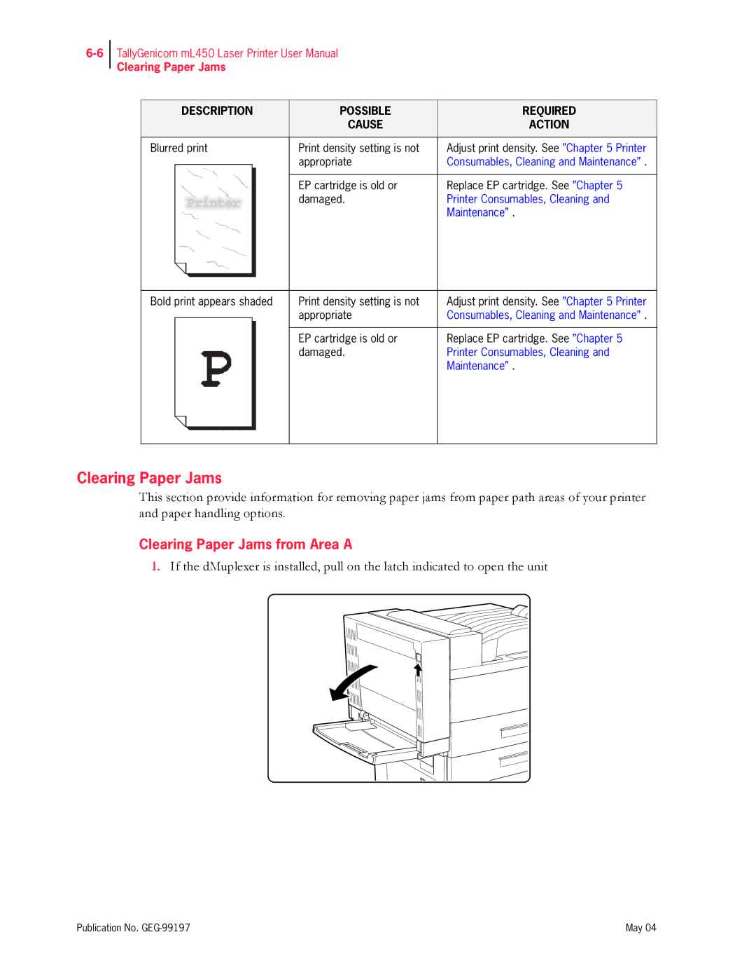 Tally Genicom mL450 user manual Clearing Paper Jams from Area a 