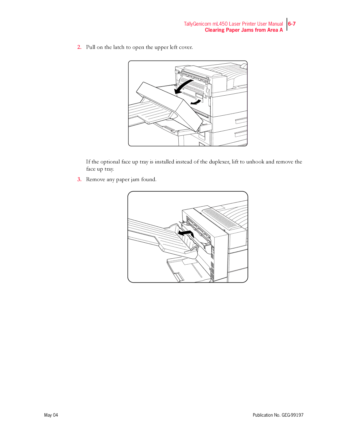 Tally Genicom mL450 user manual Clearing Paper Jams from Area a 