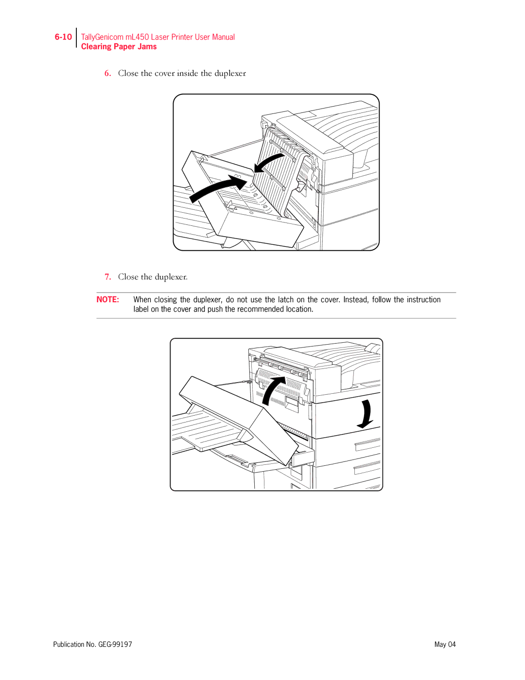 Tally Genicom mL450 user manual Close the cover inside the duplexer Close the duplexer 