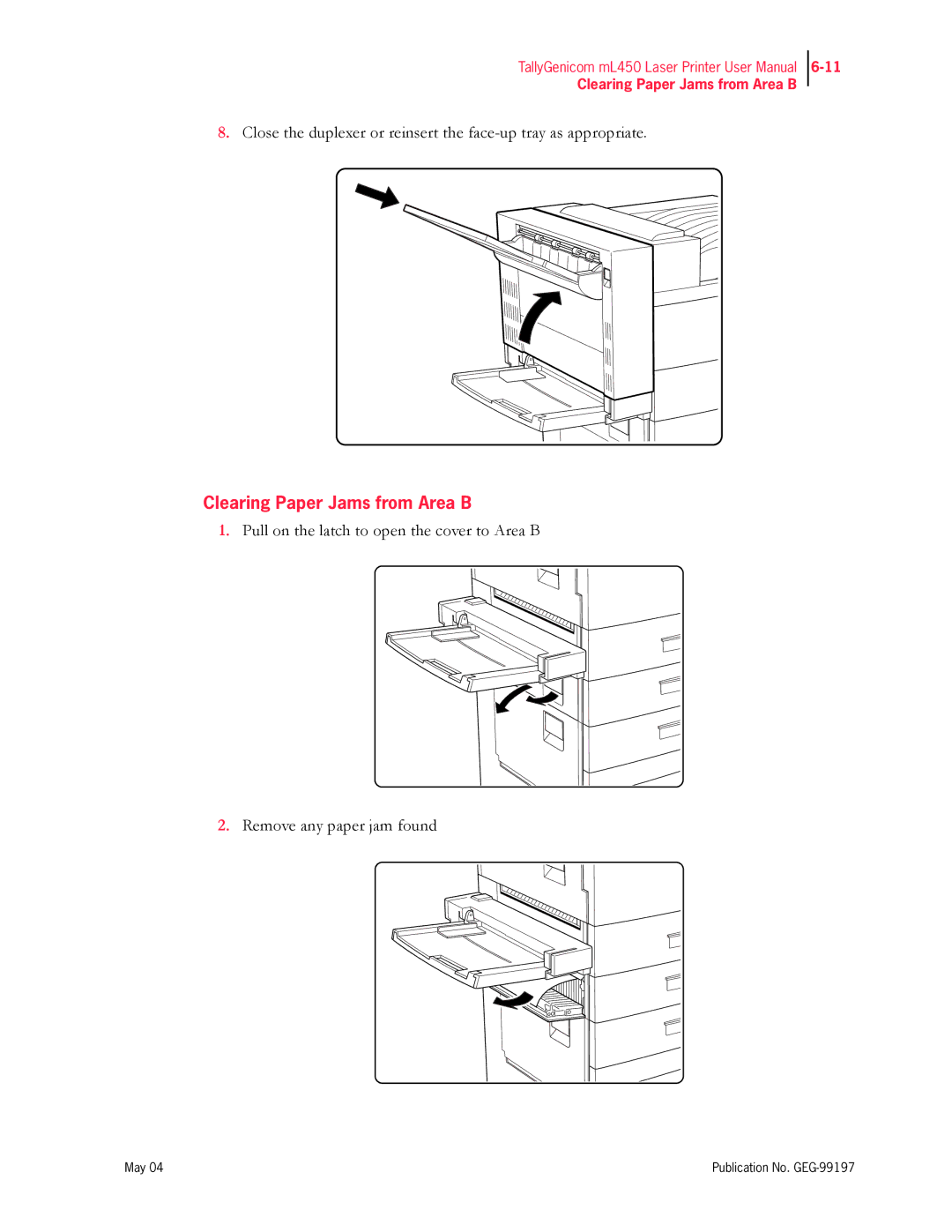 Tally Genicom mL450 user manual Clearing Paper Jams from Area B 