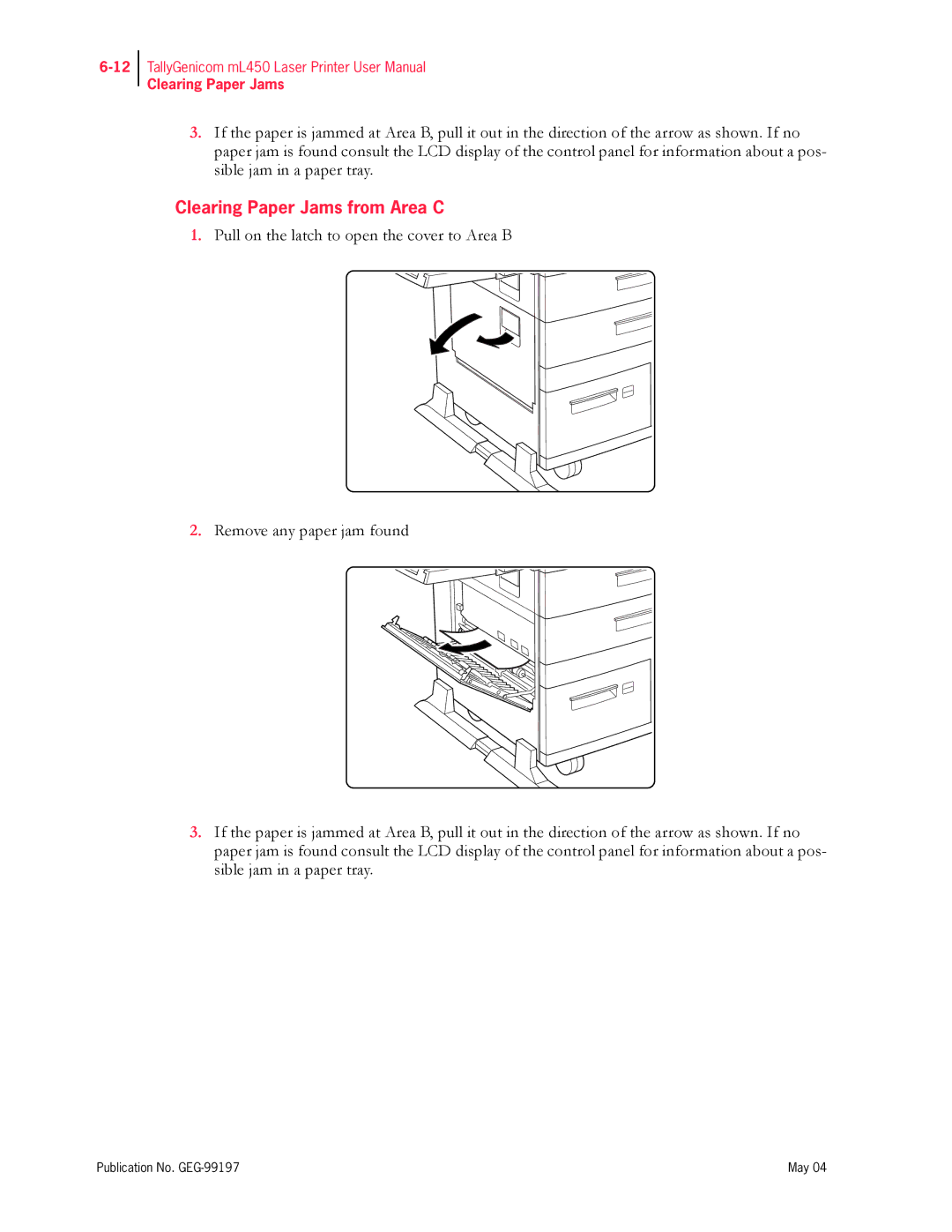 Tally Genicom mL450 user manual Clearing Paper Jams from Area C 