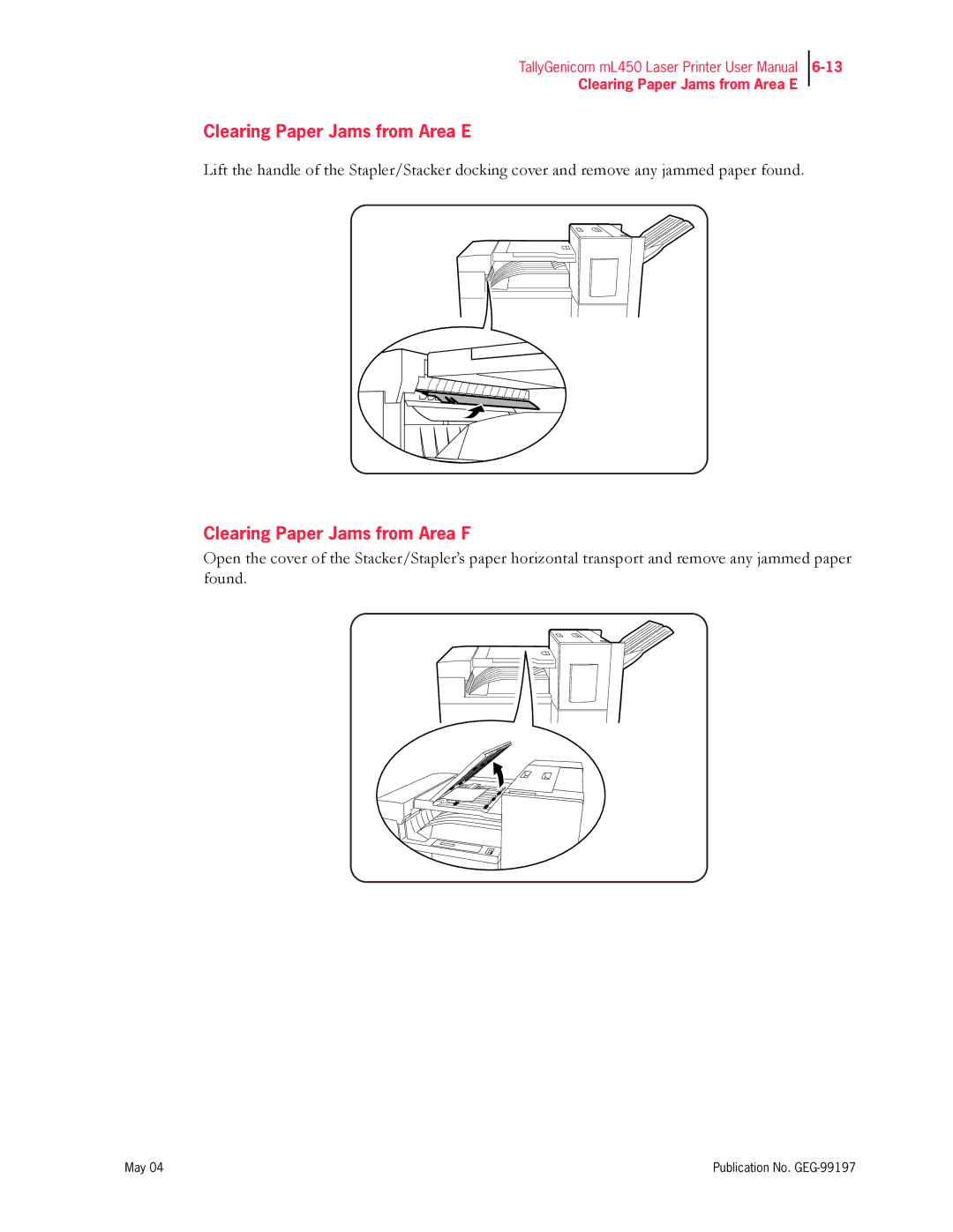 Tally Genicom mL450 user manual Clearing Paper Jams from Area E, Clearing Paper Jams from Area F 