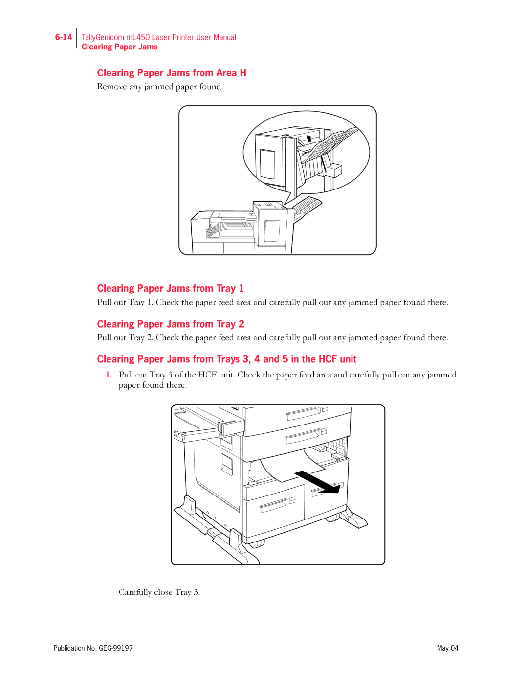 Tally Genicom mL450 user manual Clearing Paper Jams from Area H, Clearing Paper Jams from Tray 