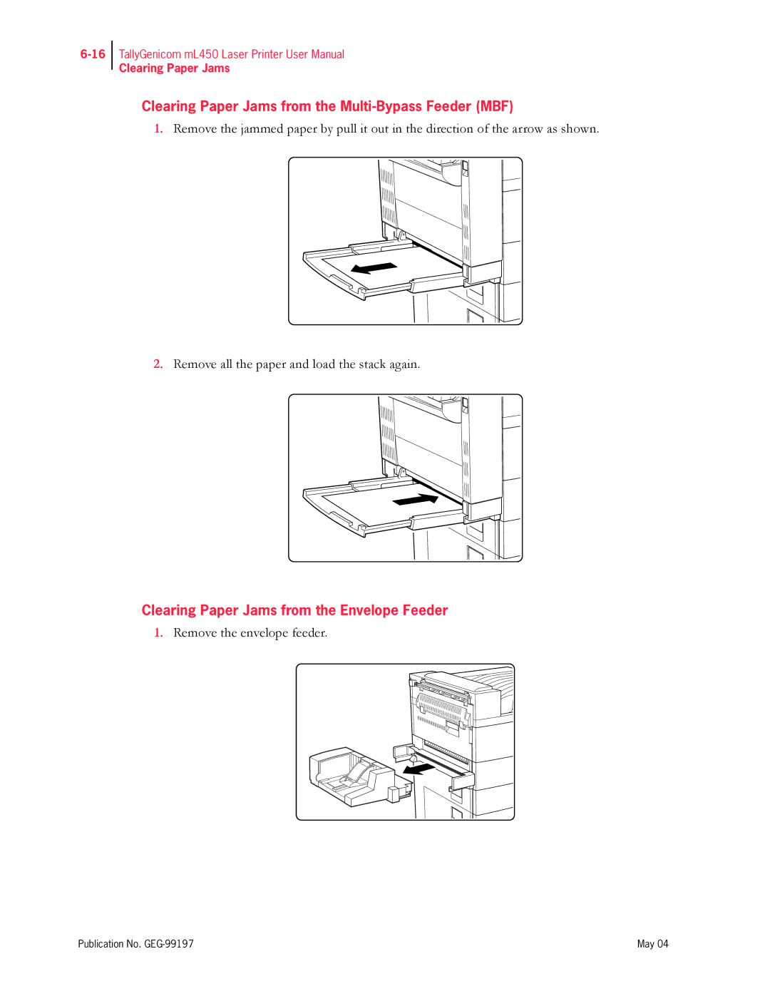 Tally Genicom mL450 Clearing Paper Jams from the Multi-Bypass Feeder MBF, Clearing Paper Jams from the Envelope Feeder 