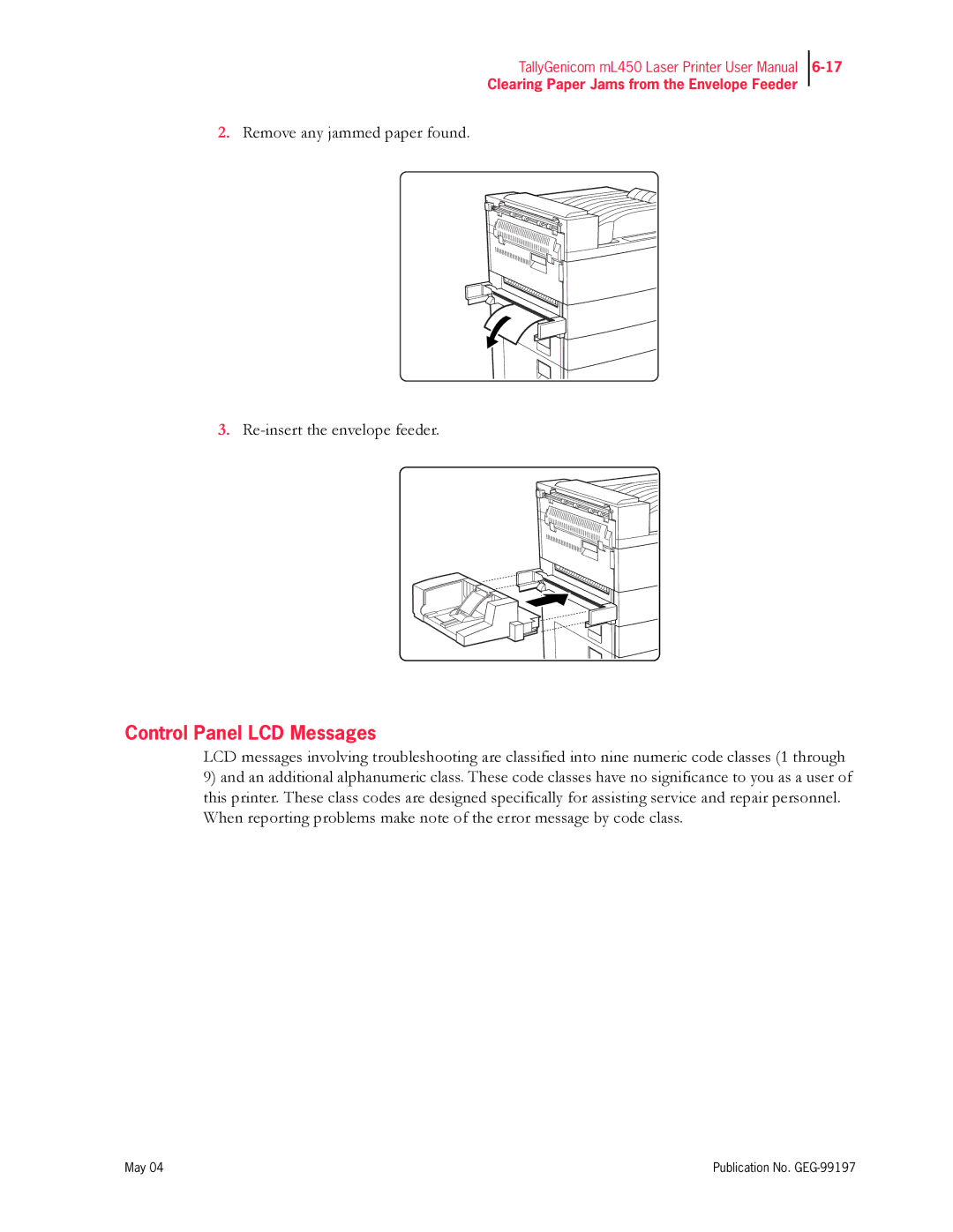 Tally Genicom mL450 user manual Control Panel LCD Messages 