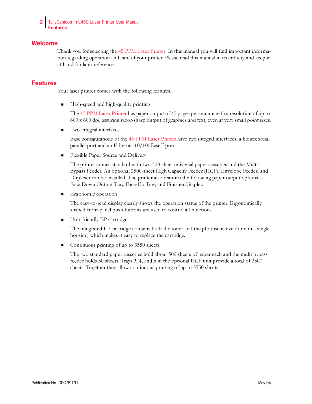 Tally Genicom mL450 user manual Welcome, Features 