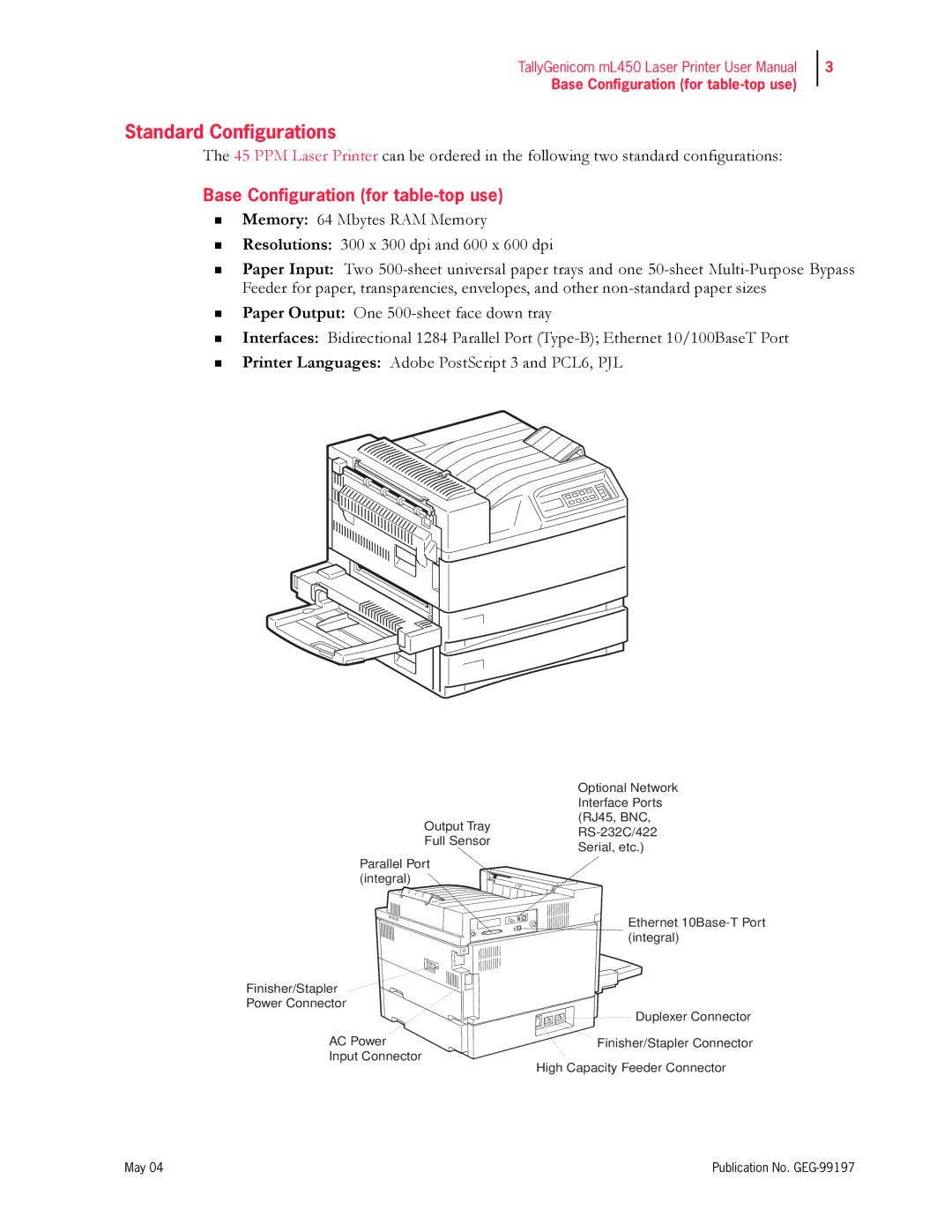 Tally Genicom mL450 user manual Standard Configurations, Base Configuration for table-top use 