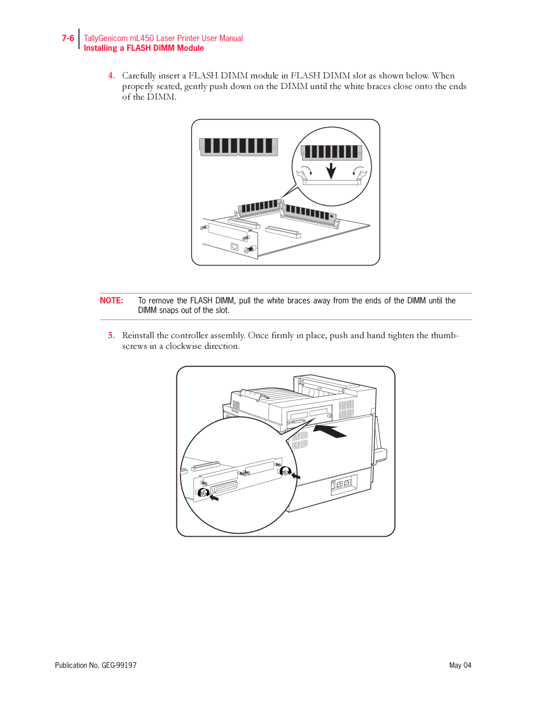 Tally Genicom mL450 user manual Installing a Flash Dimm Module 