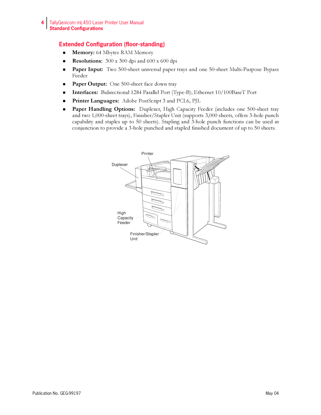 Tally Genicom mL450 user manual Extended Configuration floor-standing 