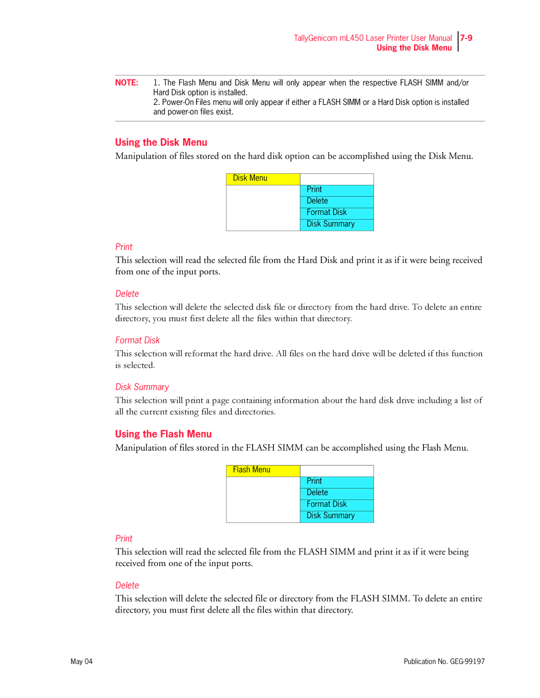 Tally Genicom mL450 user manual Using the Disk Menu, Using the Flash Menu 