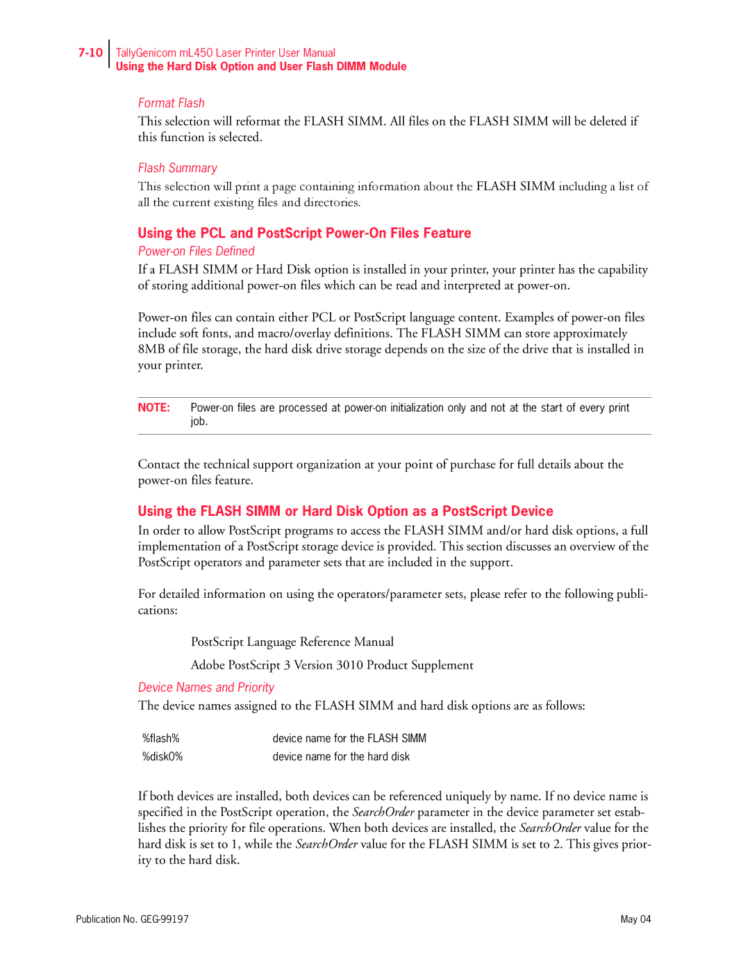 Tally Genicom mL450 user manual Using the PCL and PostScript Power-On Files Feature 