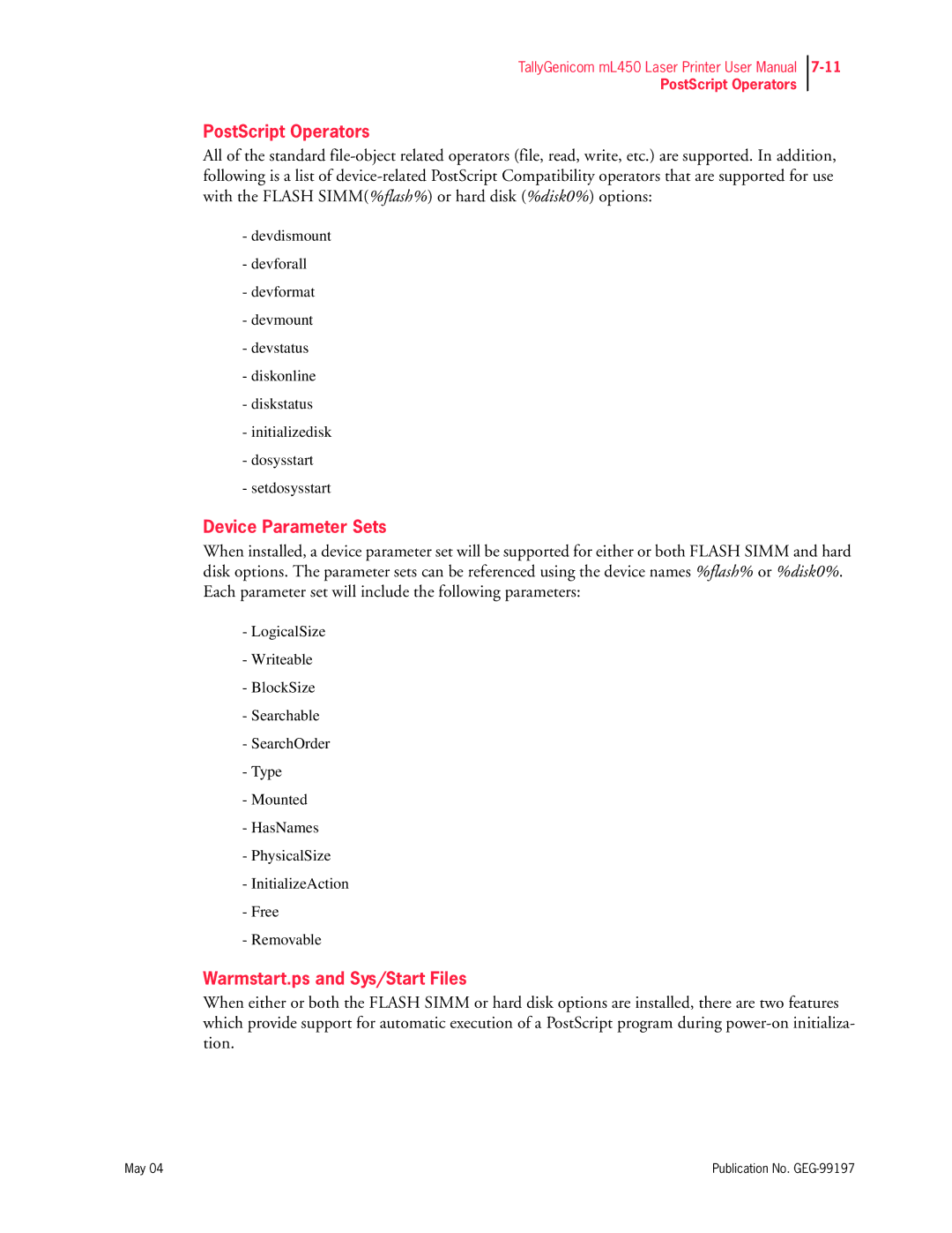 Tally Genicom mL450 user manual PostScript Operators, Device Parameter Sets, Warmstart.ps and Sys/Start Files 