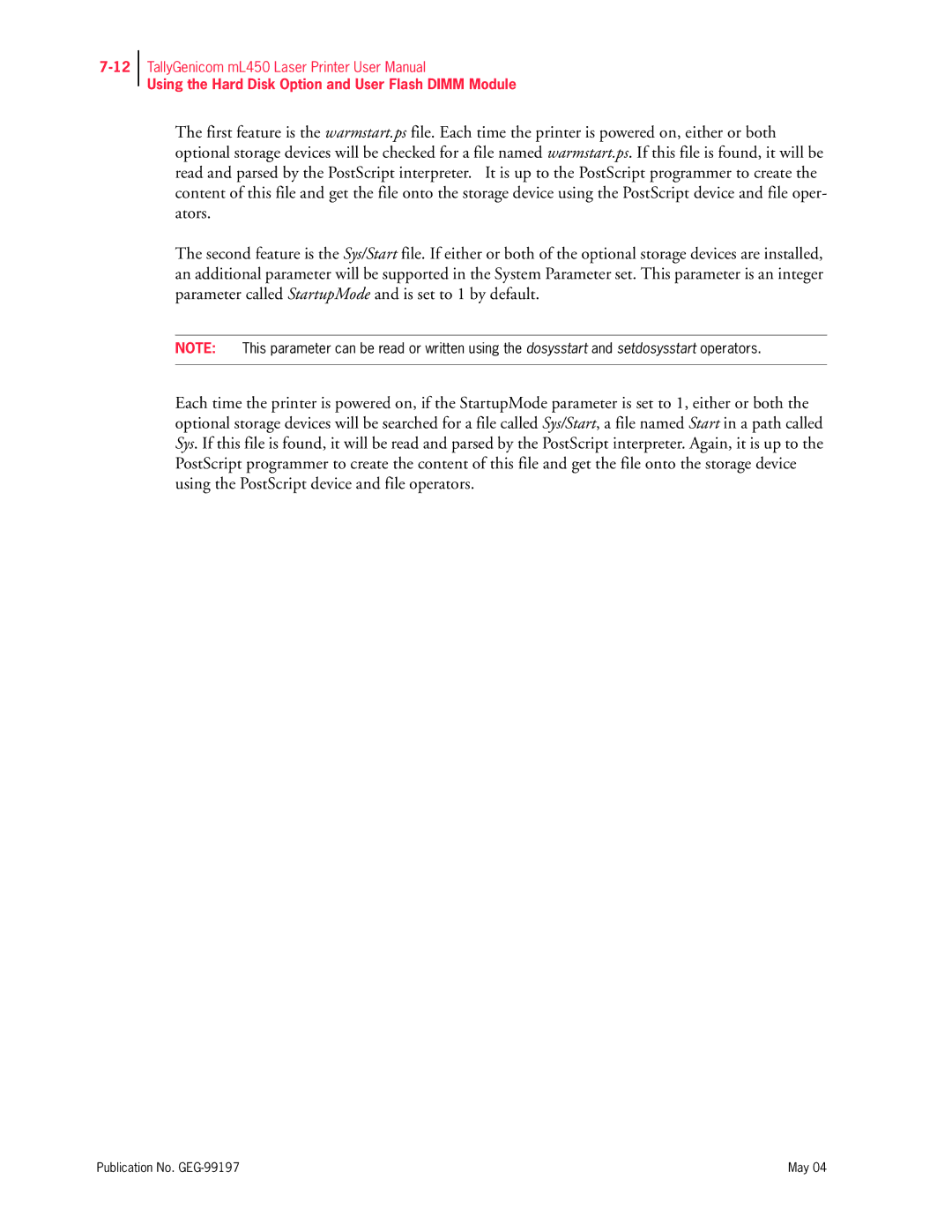 Tally Genicom mL450 user manual Using the Hard Disk Option and User Flash Dimm Module 