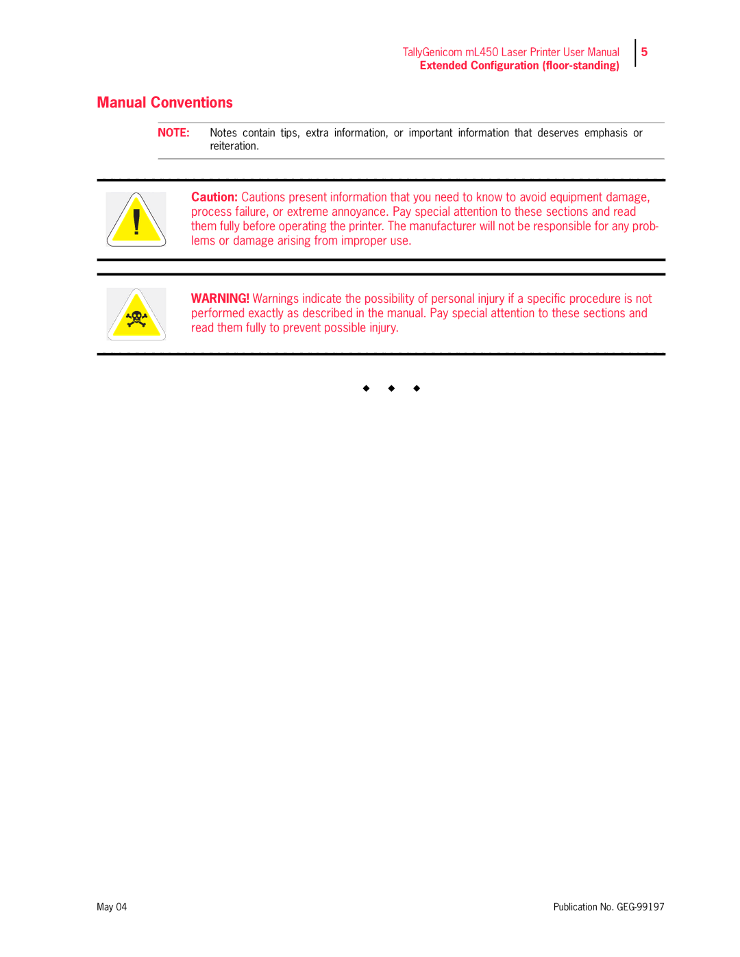 Tally Genicom mL450 user manual Manual Conventions 