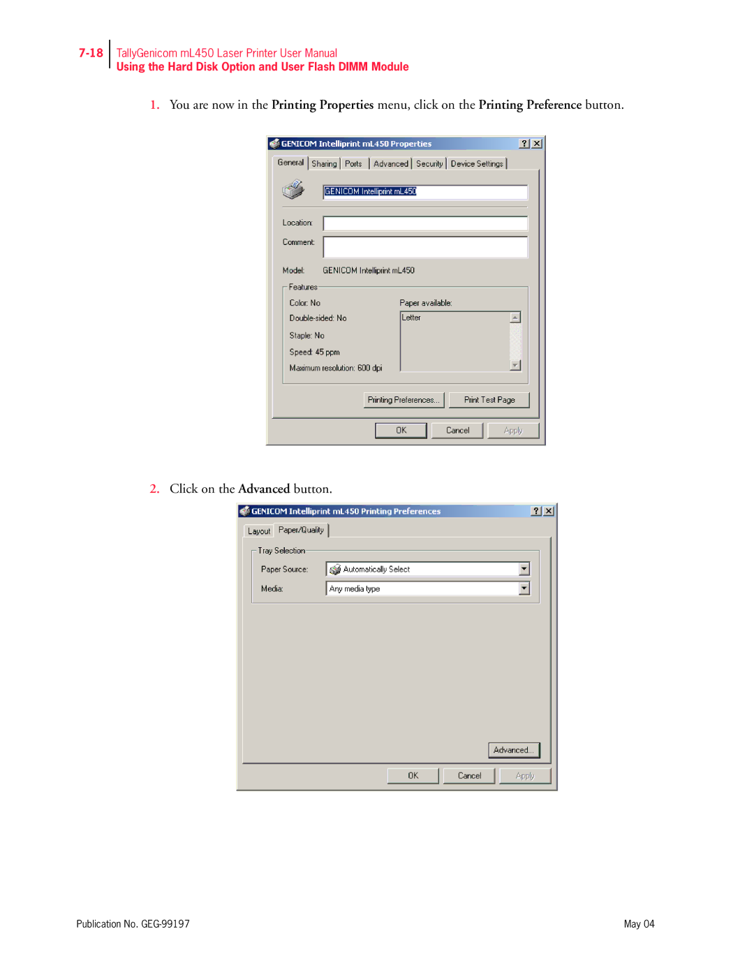 Tally Genicom mL450 user manual Using the Hard Disk Option and User Flash Dimm Module 