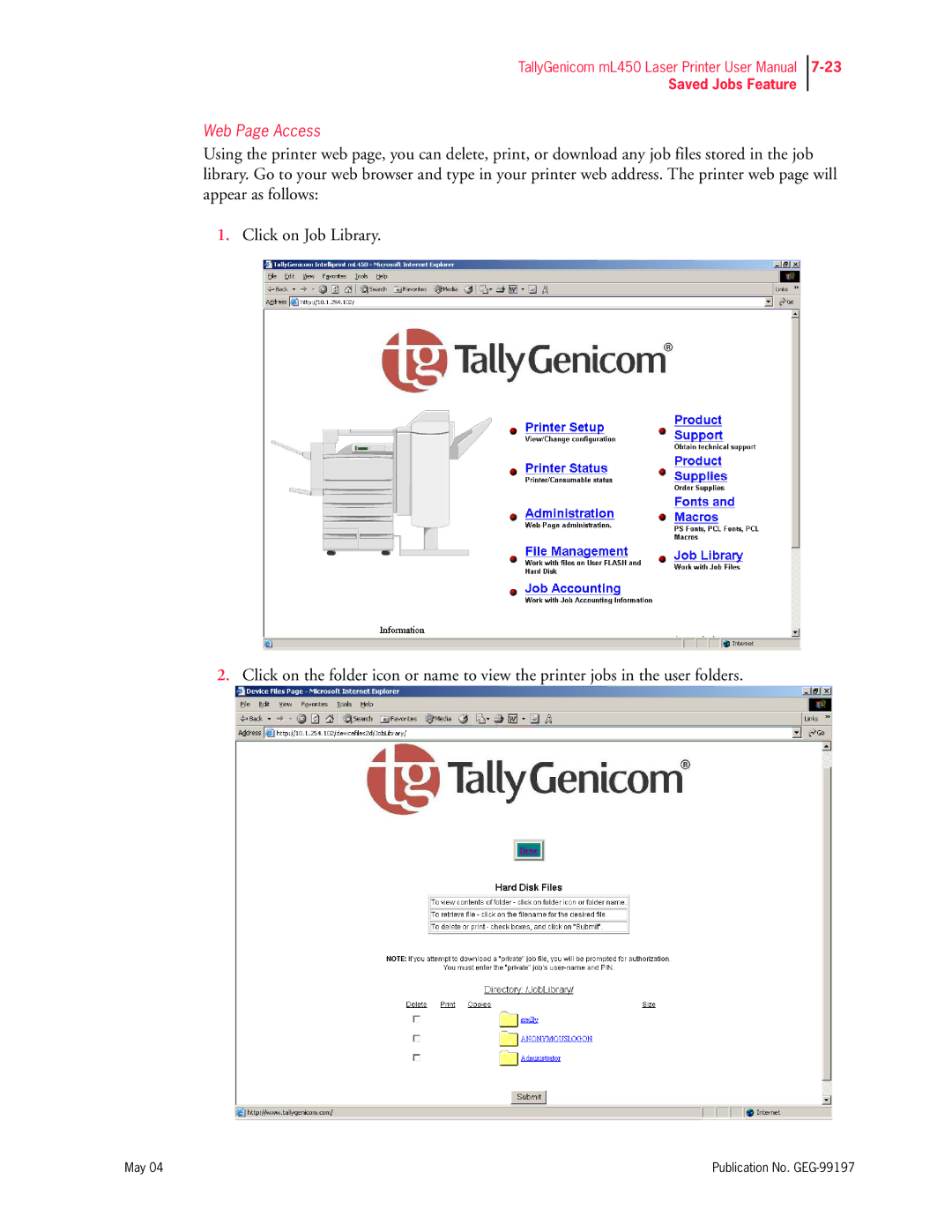 Tally Genicom mL450 user manual Web Page Access 