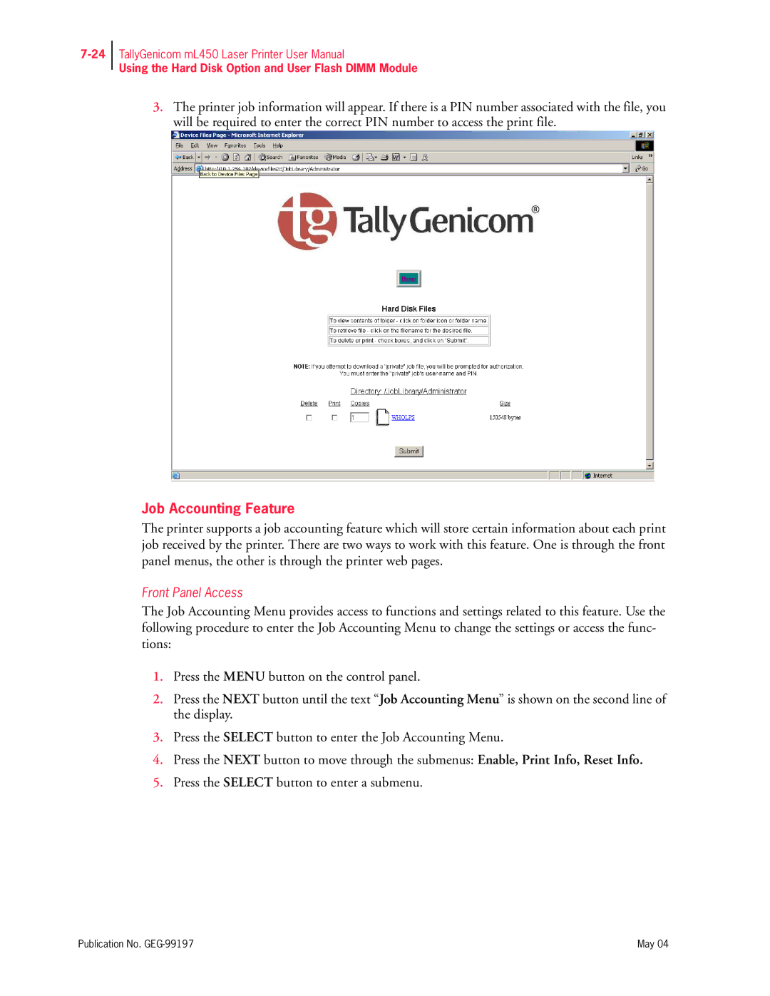 Tally Genicom mL450 user manual Job Accounting Feature 