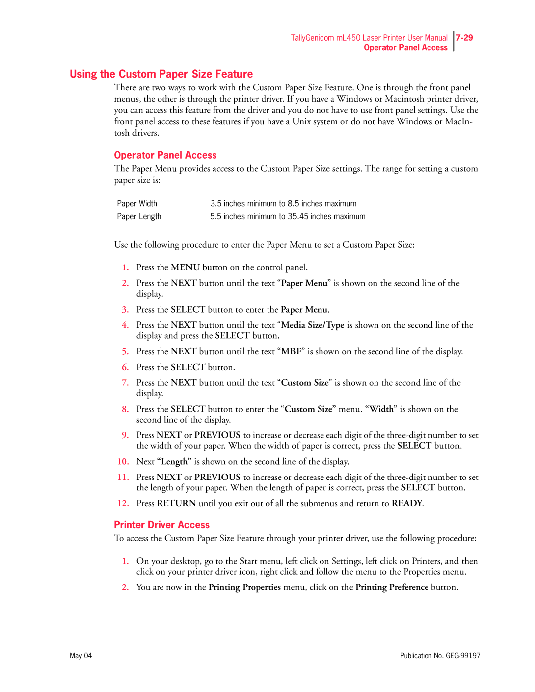 Tally Genicom mL450 user manual Using the Custom Paper Size Feature, Operator Panel Access, Printer Driver Access 