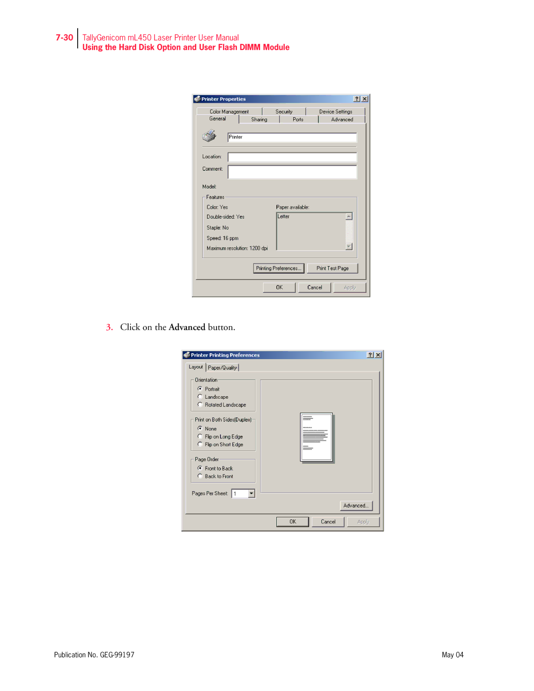 Tally Genicom mL450 user manual Click on the Advanced button 