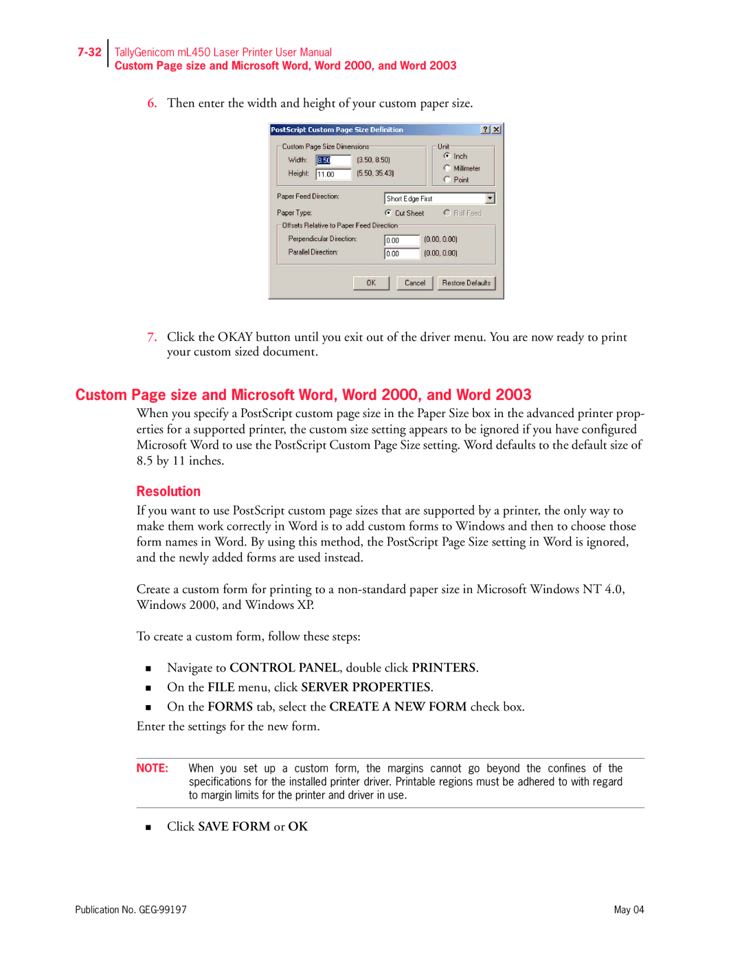 Tally Genicom mL450 user manual Custom Page size and Microsoft Word, Word 2000, and Word, Resolution 