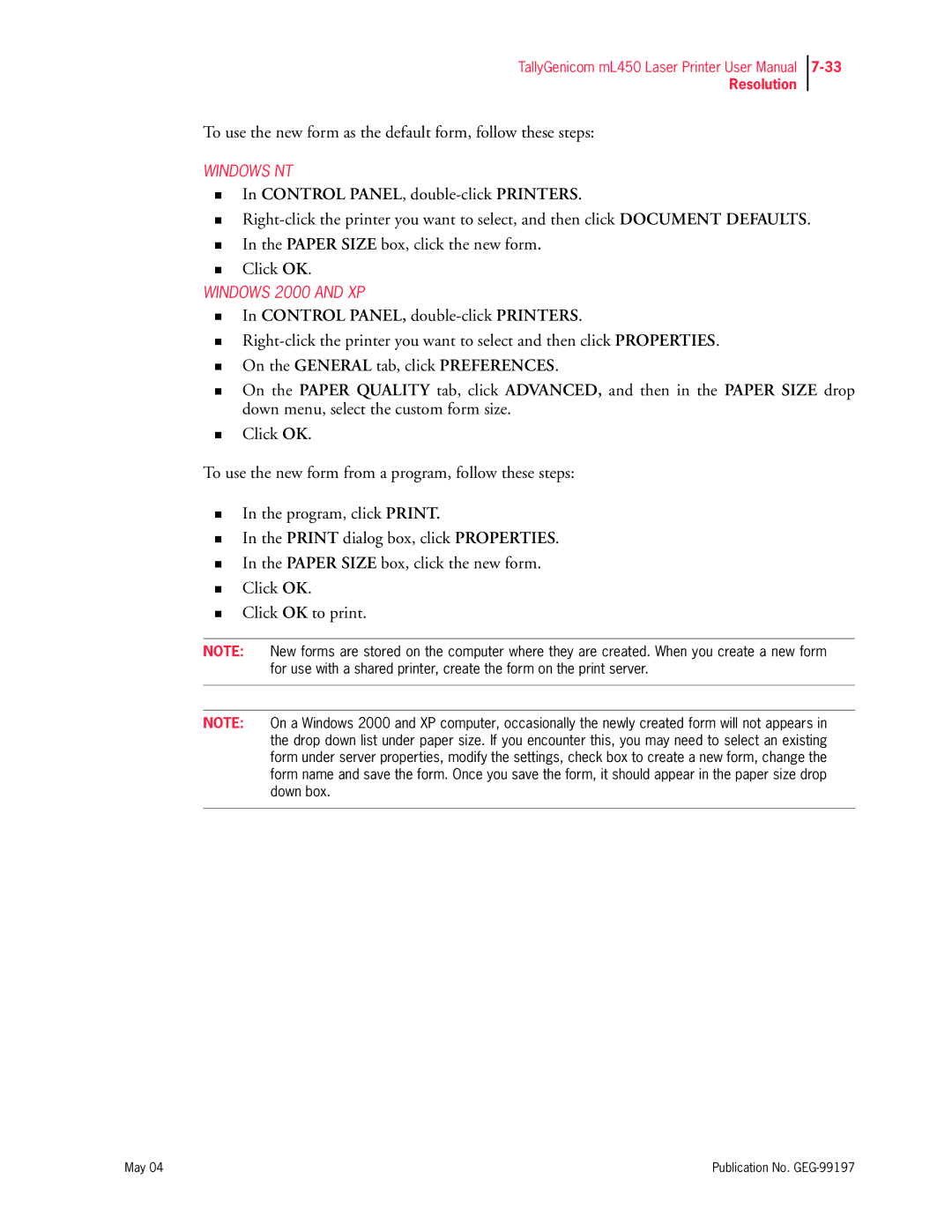 Tally Genicom mL450 user manual „ In Control PANEL, double-clickPRINTERS 