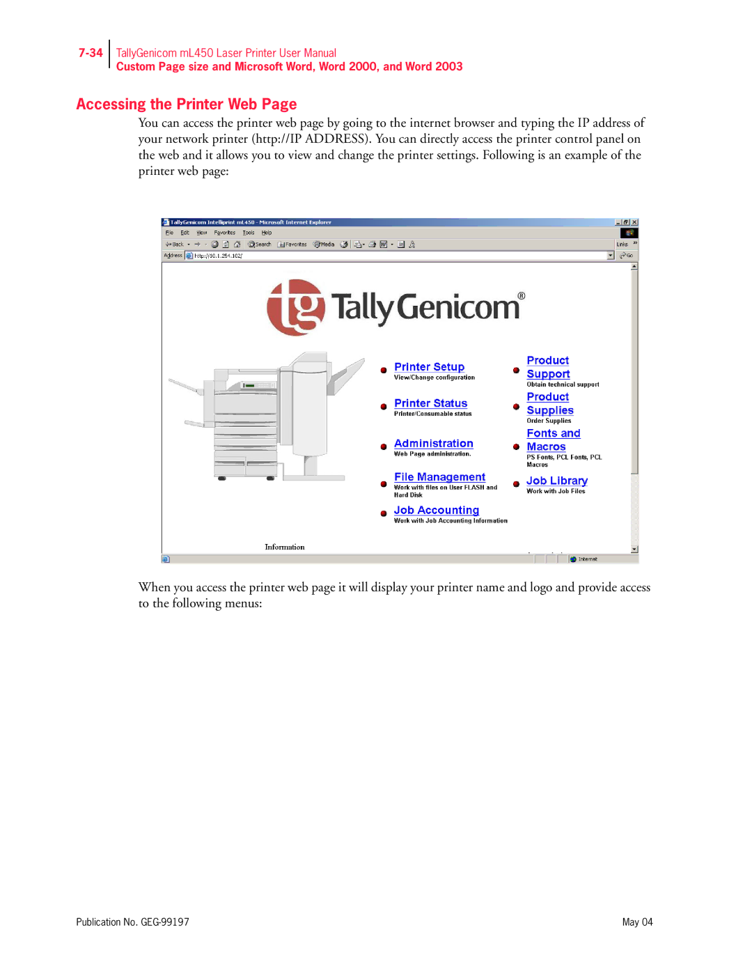 Tally Genicom mL450 user manual Accessing the Printer Web 