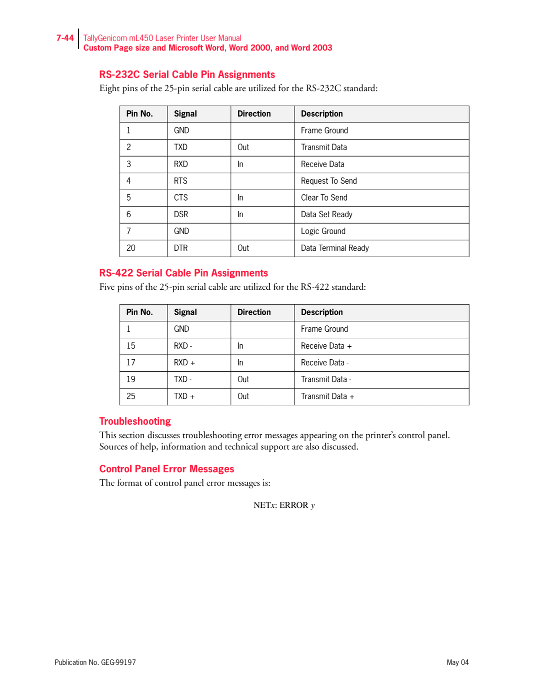 Tally Genicom mL450 user manual RS-232C Serial Cable Pin Assignments, RS-422 Serial Cable Pin Assignments, Troubleshooting 