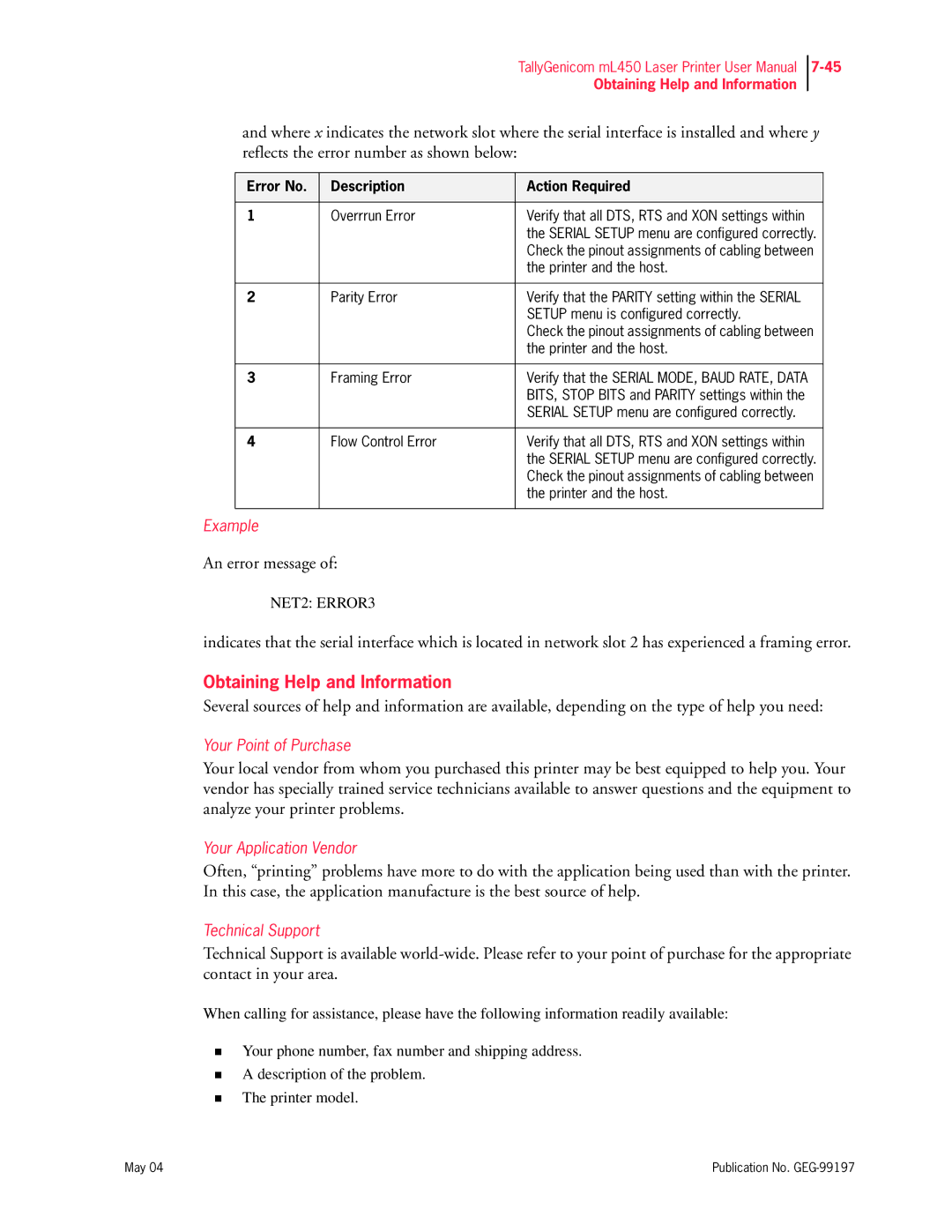 Tally Genicom mL450 user manual Obtaining Help and Information, Error No Description Action Required 