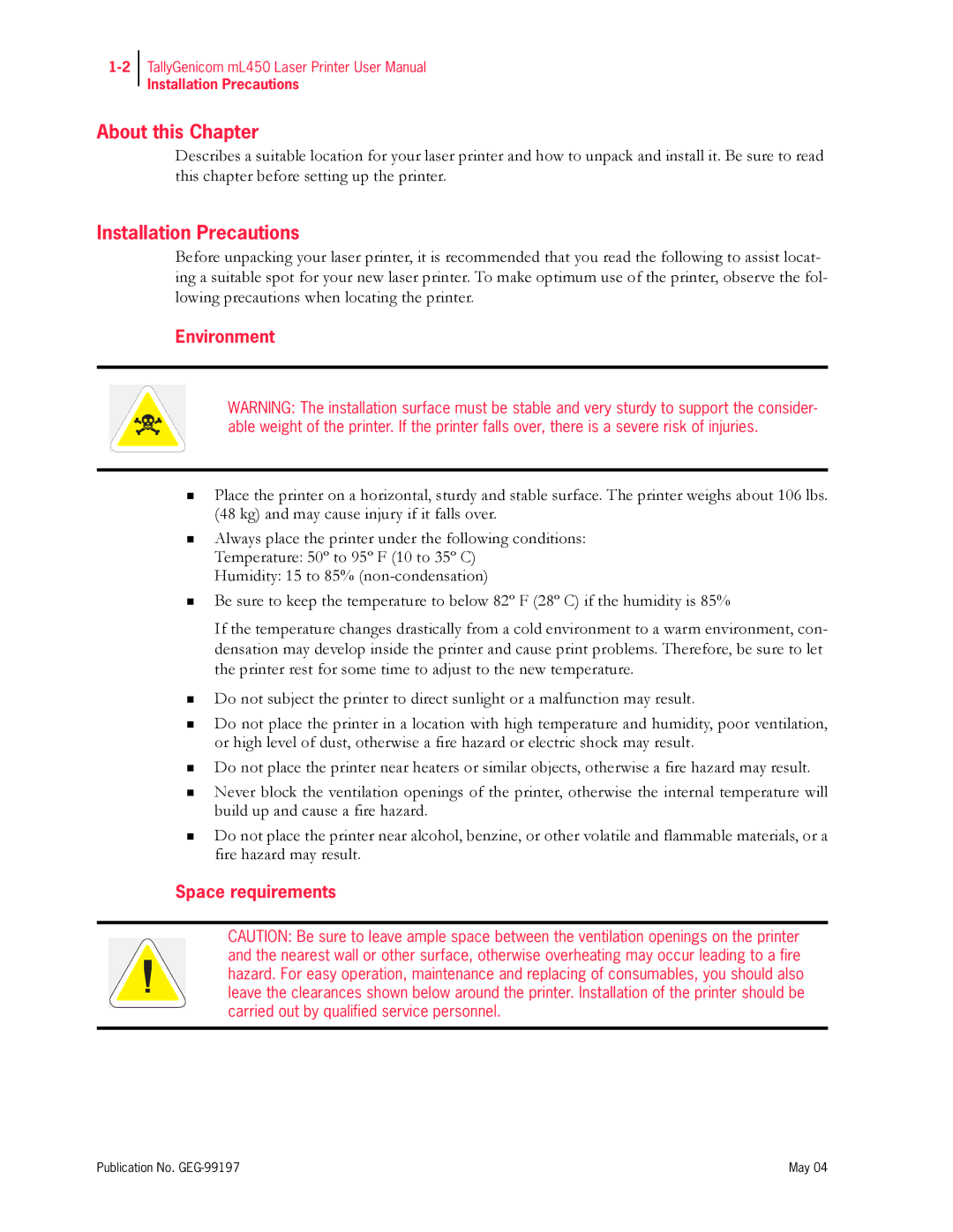 Tally Genicom mL450 user manual About this Chapter, Installation Precautions, Environment, Space requirements 