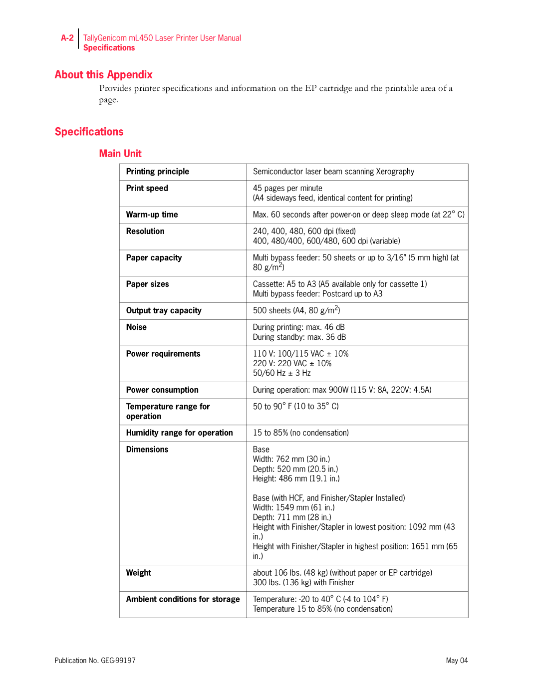 Tally Genicom mL450 user manual About this Appendix, Specifications 