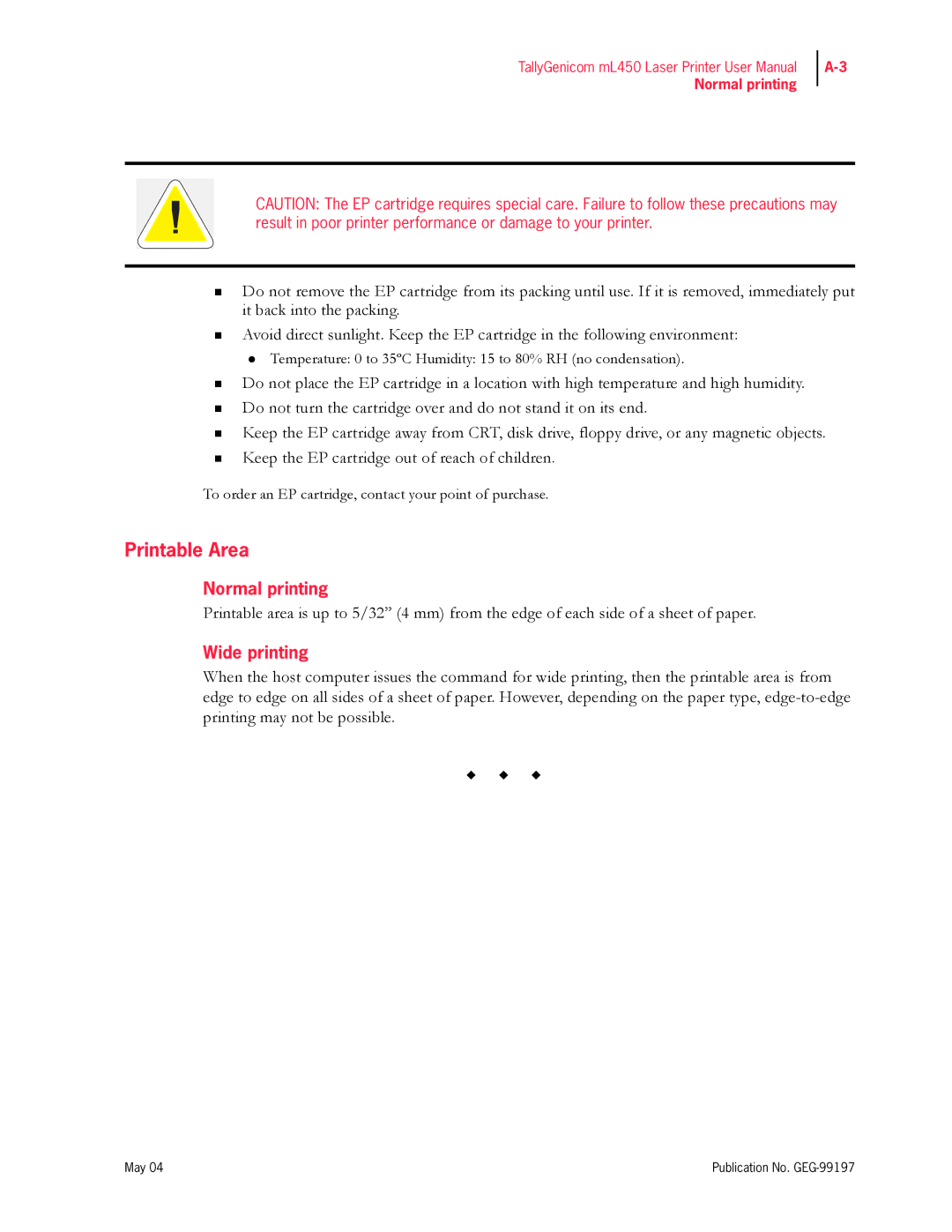 Tally Genicom mL450 user manual Printable Area, Normal printing, Wide printing 