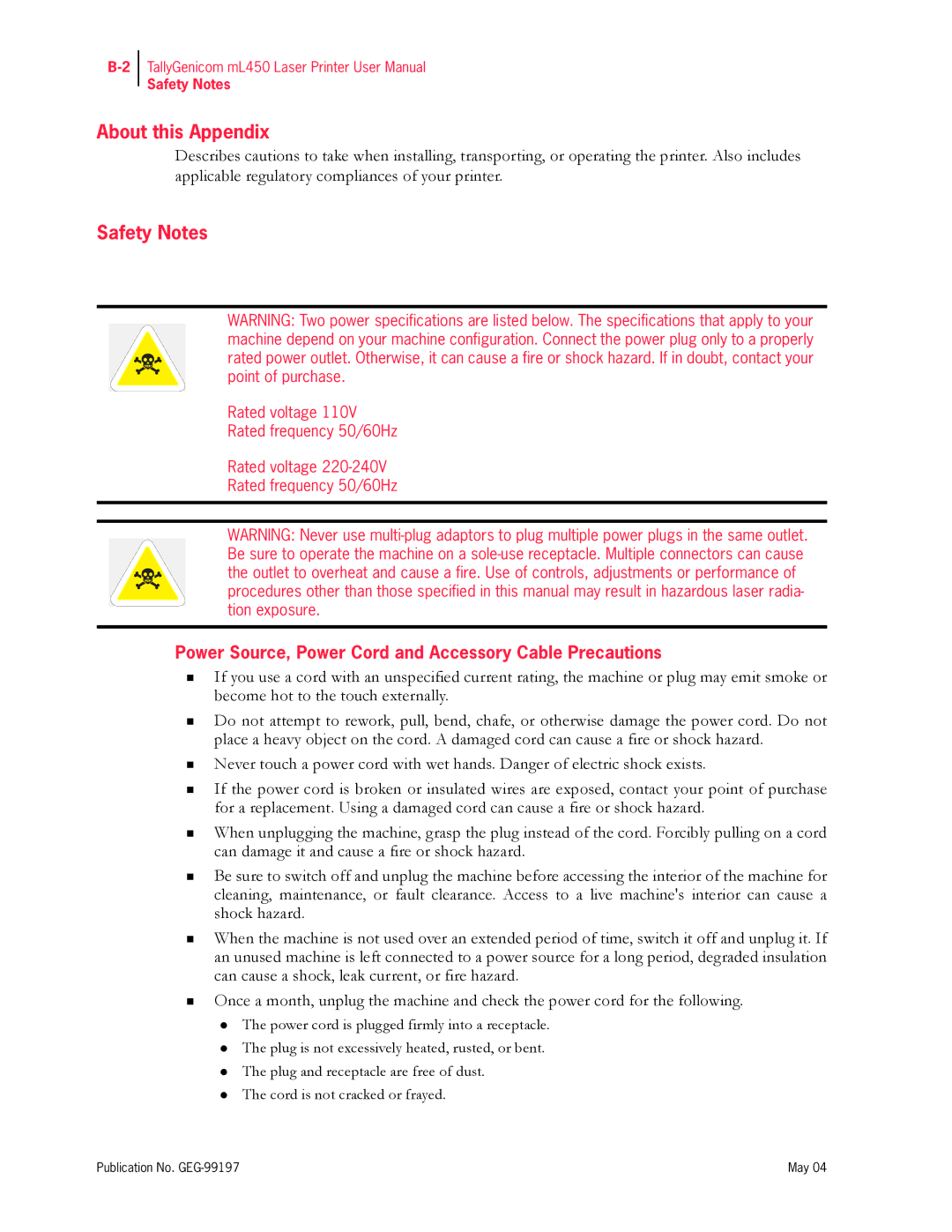 Tally Genicom mL450 user manual Safety Notes, Power Source, Power Cord and Accessory Cable Precautions 