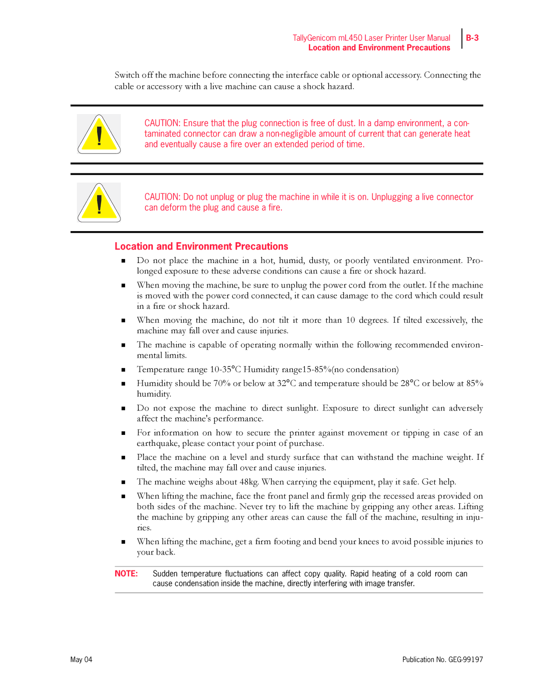 Tally Genicom mL450 user manual Location and Environment Precautions 