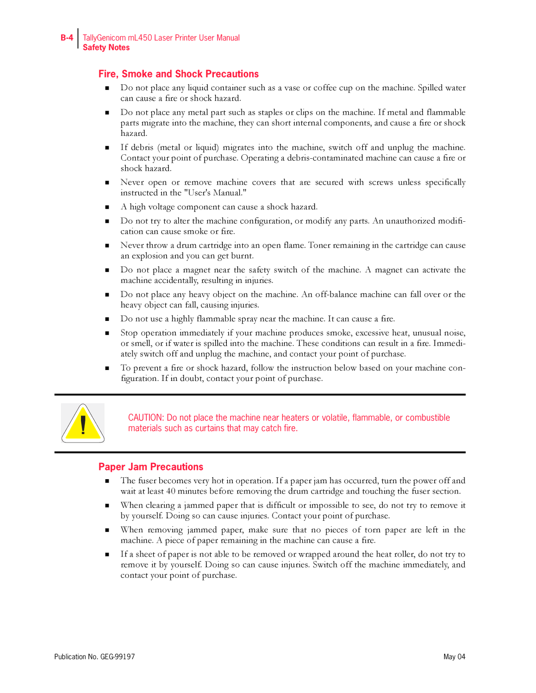 Tally Genicom mL450 user manual Fire, Smoke and Shock Precautions, Paper Jam Precautions 