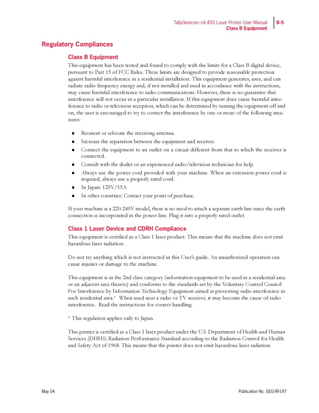 Tally Genicom mL450 user manual Regulatory Compliances, Class B Equipment, Class 1 Laser Device and Cdrh Compliance 