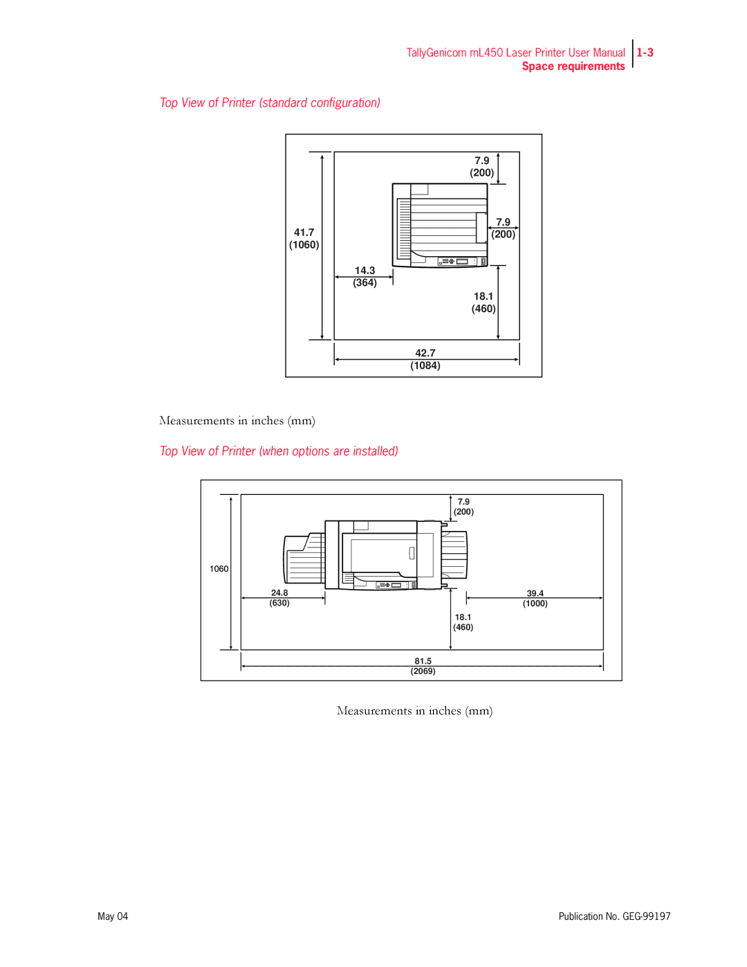 Tally Genicom mL450 user manual Measurements in inches mm 