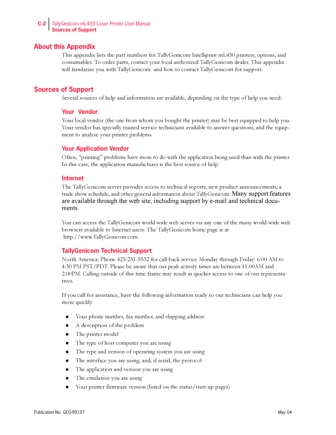 Tally Genicom mL450 Sources of Support, Your Vendor, Your Application Vendor, Internet, TallyGenicom Technical Support 