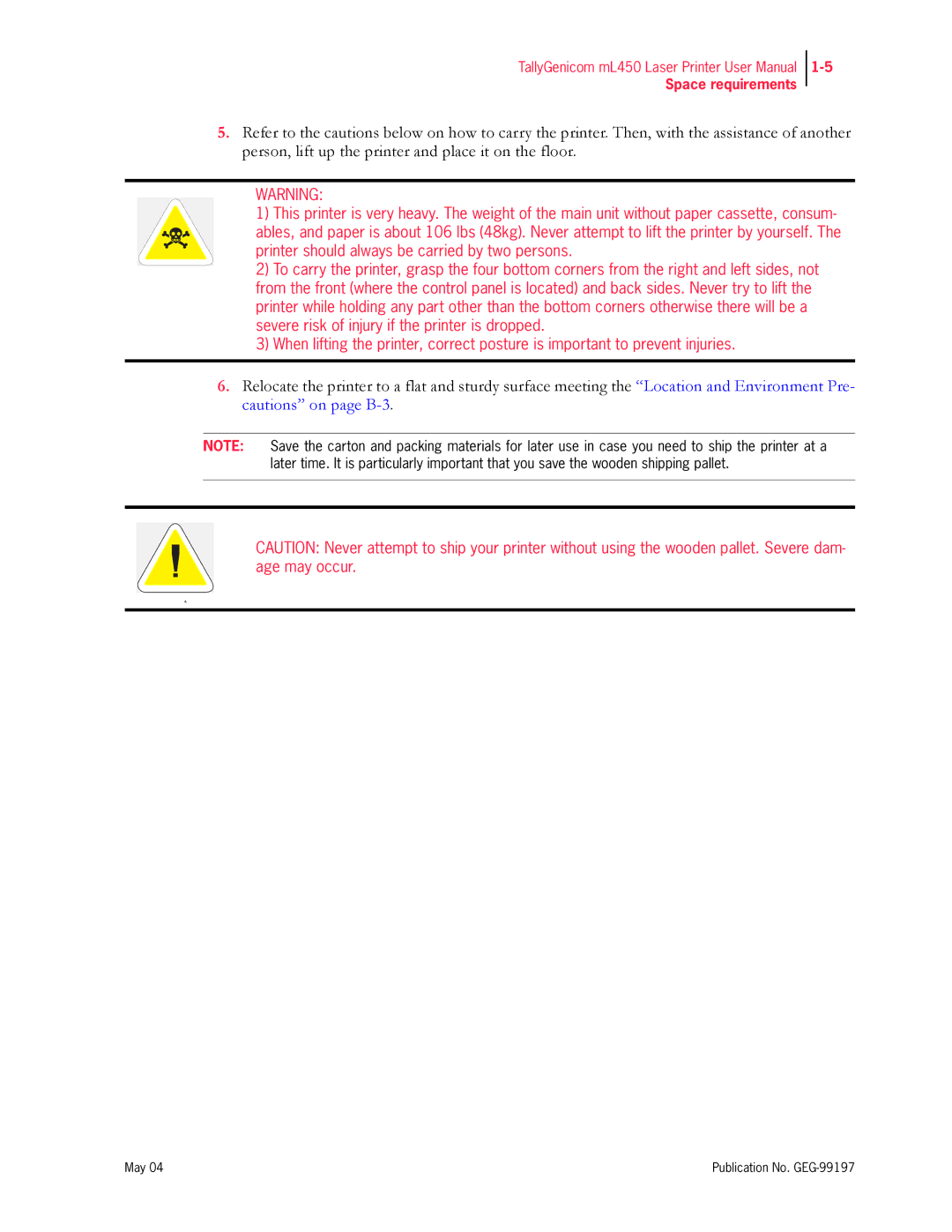 Tally Genicom mL450 user manual Space requirements 