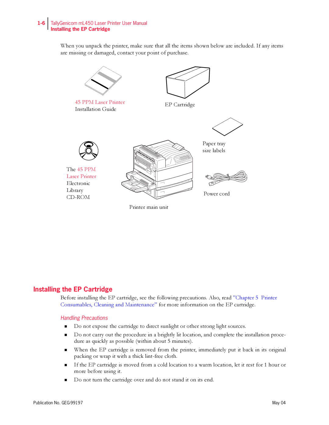 Tally Genicom mL450 user manual Installing the EP Cartridge 