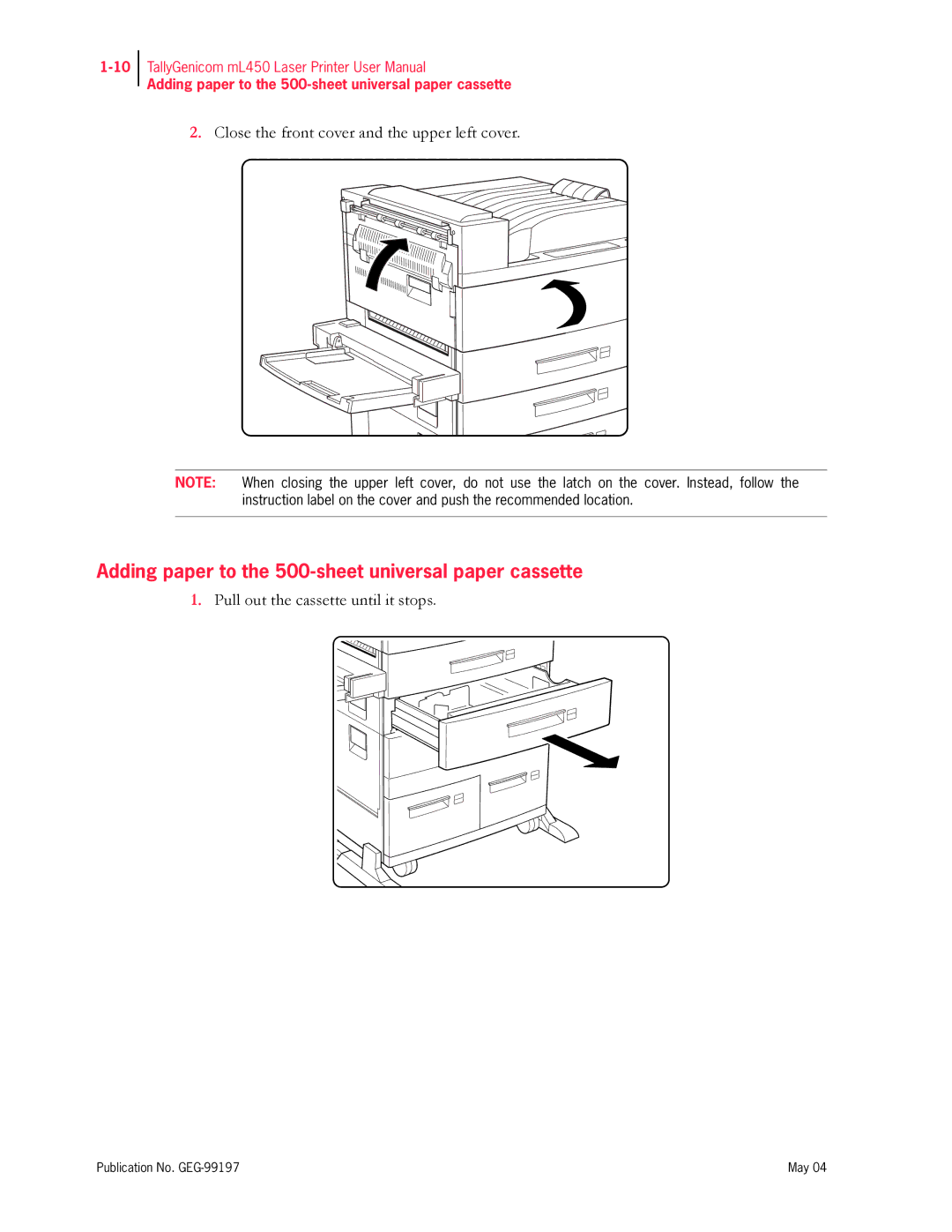 Tally Genicom mL450 user manual Adding paper to the 500-sheet universal paper cassette 