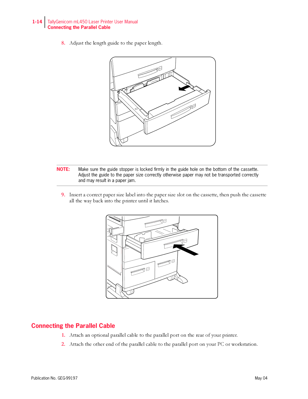 Tally Genicom mL450 user manual Connecting the Parallel Cable 