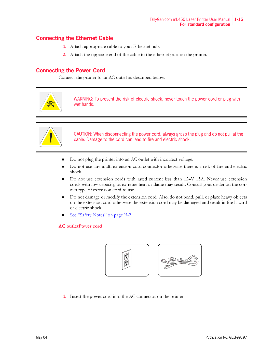 Tally Genicom mL450 user manual Connecting the Ethernet Cable, Connecting the Power Cord 