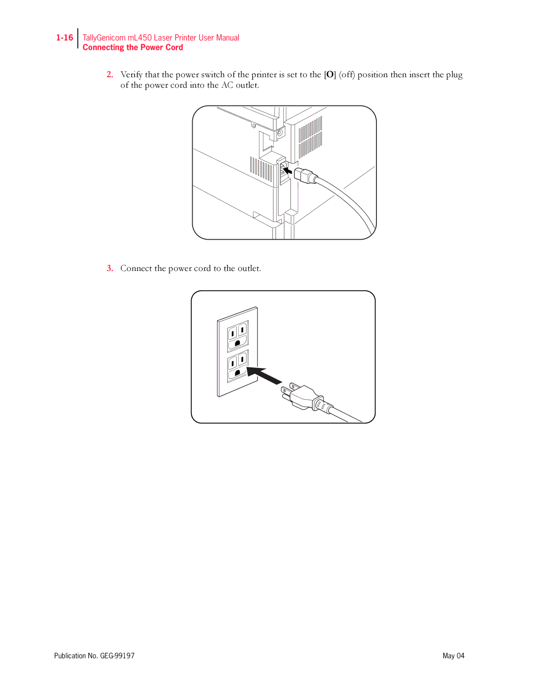 Tally Genicom mL450 user manual Connecting the Power Cord 