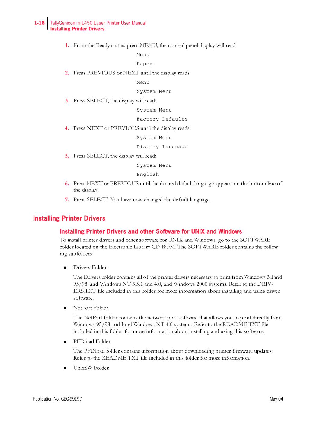 Tally Genicom mL450 user manual Installing Printer Drivers 