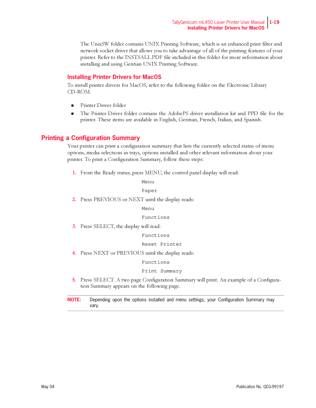 Tally Genicom mL450 user manual Printing a Configuration Summary, Installing Printer Drivers for MacOS 