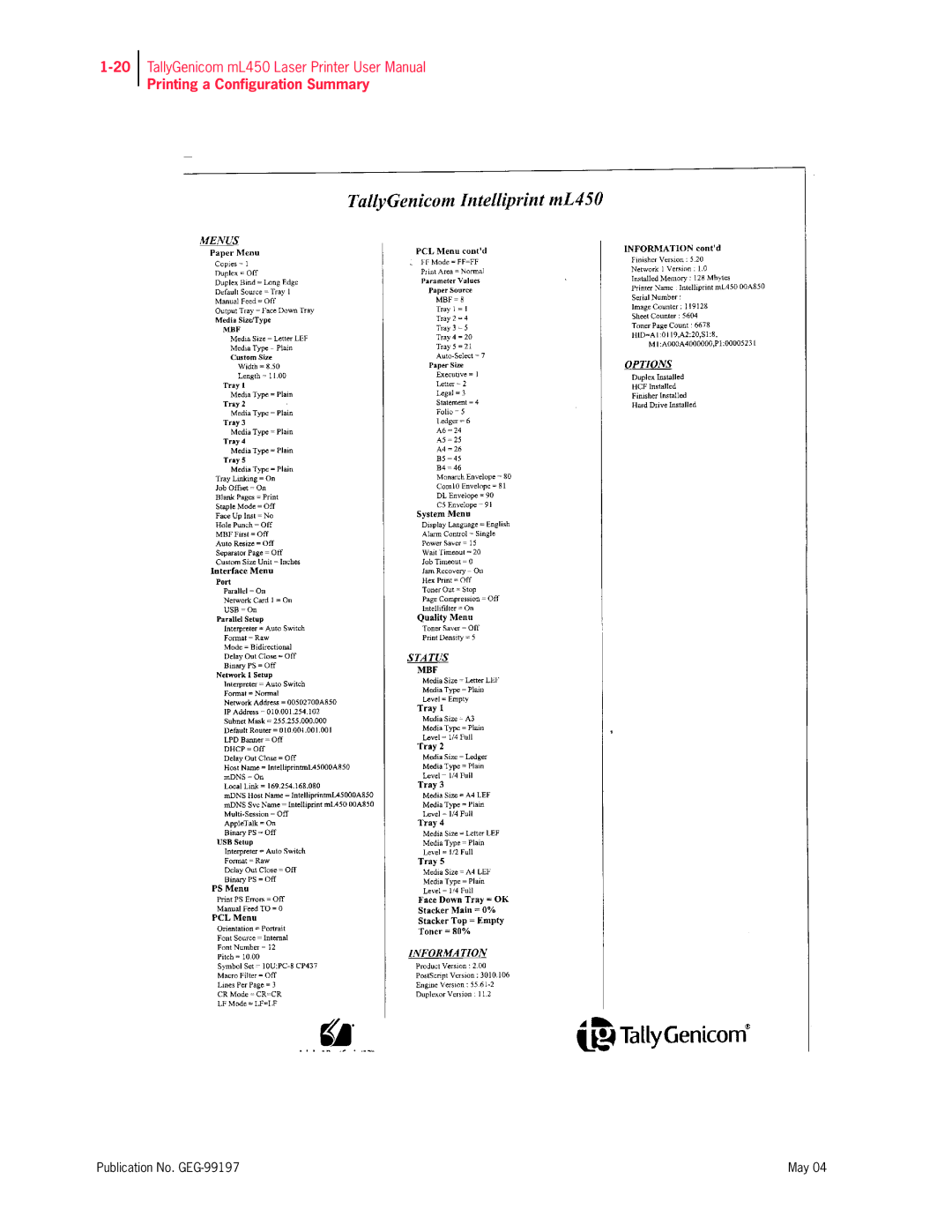 Tally Genicom mL450 user manual Printing a Configuration Summary 