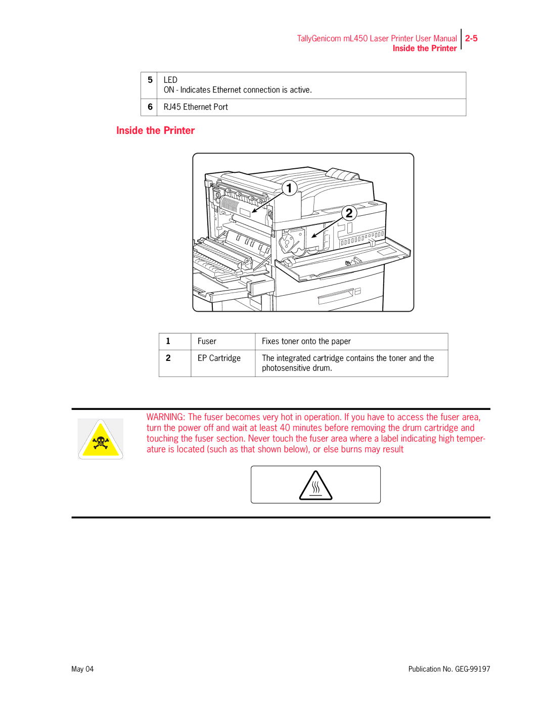 Tally Genicom mL450 user manual Inside the Printer 