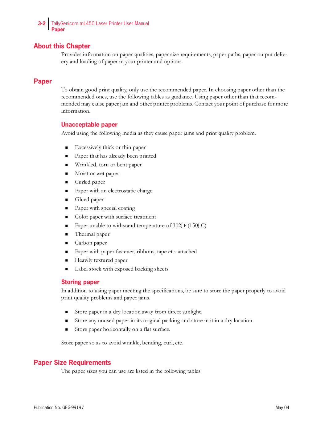 Tally Genicom mL450 user manual Paper Size Requirements, Unacceptable paper, Storing paper 