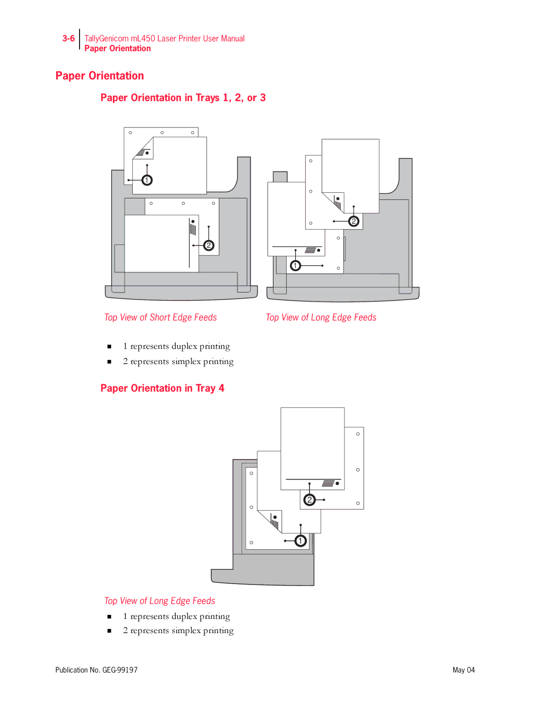 Tally Genicom mL450 user manual Paper Orientation in Trays 1, 2, or 